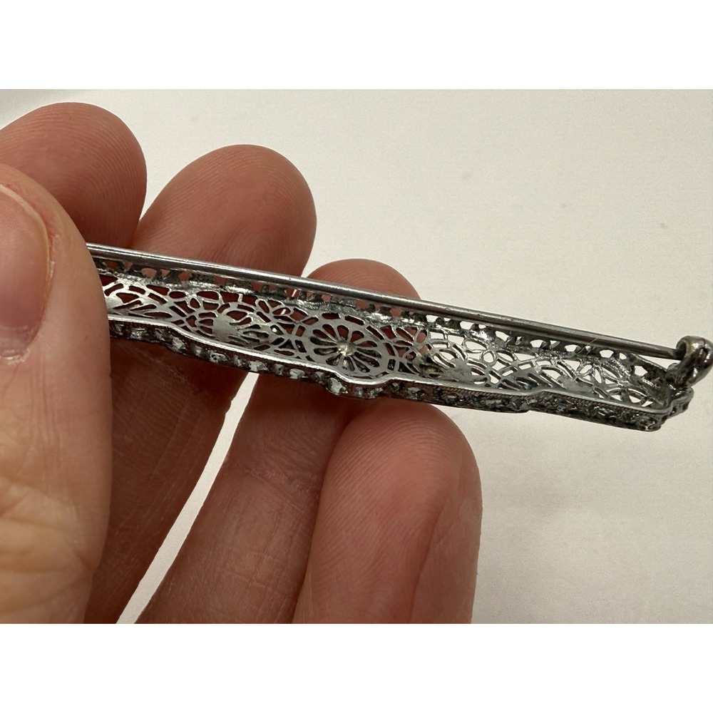 Vintage Art Deco Style Filigree Bar Brooch Silver Tone Glass Stone Pin - Picture 2 of 4